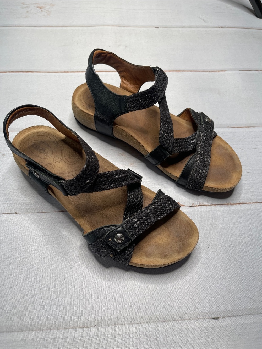 Taos Sandals 39 Black Velcro Straps Braided Cork Comfort Women’s Summer Dressy